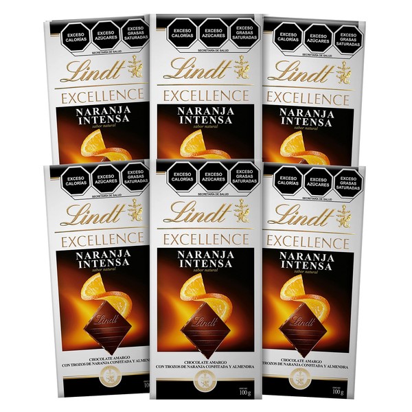 Lindt, Excellence, Barra de chocolate amargo con naranja y laminillas de almendra tostada 100g, Pack 6 barras de 100g c/u
