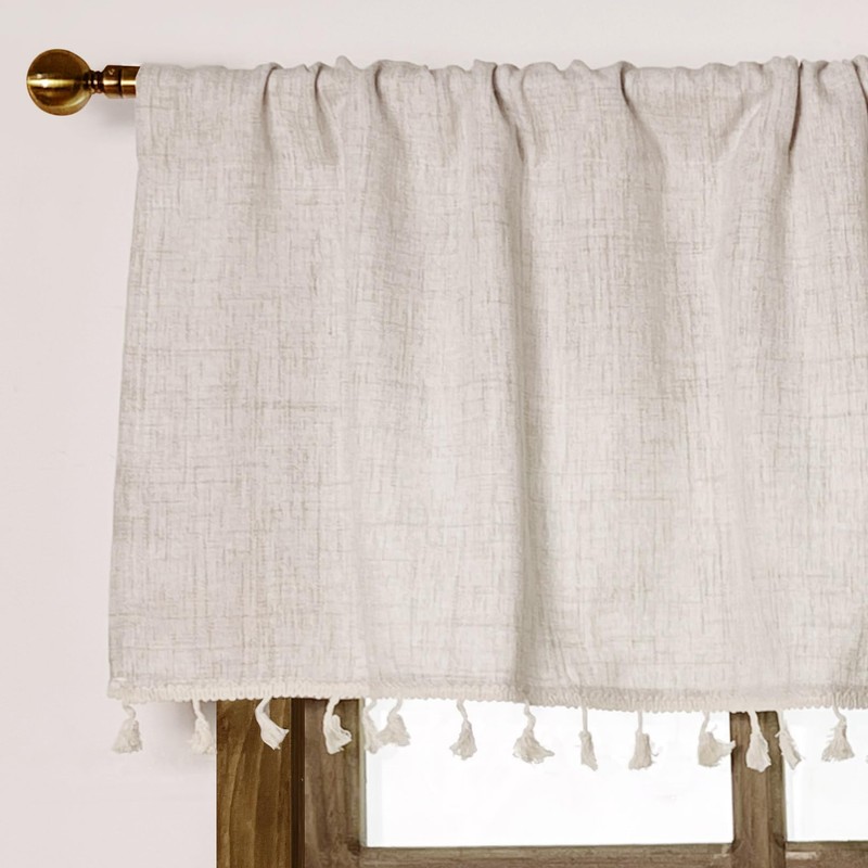Faux Linen Tassel Kitchen Valances for Windows Modern Farmhouse Neutral