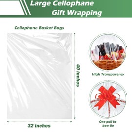 30 Packs 32 x 40 Inches Extra-large Gift Wrap Cellophane Bags for Basket Jumbo Clear Cellophane Wraps Clear Huge Cello Bags for Basket, Gift, Christmas Tree, Treat, Art and Craft, 30ct Red Ribbon Bows