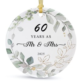 60th Anniversary Wedding Gift 2025 Hanging for Parents,60 Years as Mr and Mrs Wedding Ornament for Couple,60 yr Anniversary Ceramic Decoration for Party Chrismas Hanging