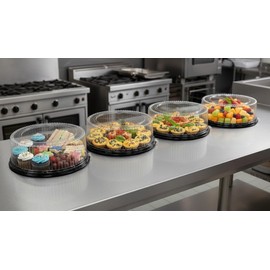 PACTOGO 16" Round Black Plastic Cater Trays with Clear Dome Lids - Disposable Stackable Serving Platters for Parties, Holidays, Events, and Buffet (Pack of 5 Sets)