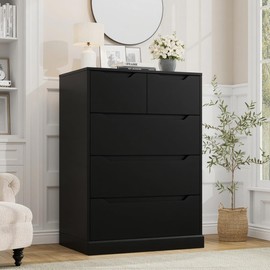 HOSTACK Modern 5 Drawer Dresser for Bedroom, Chest of Drawers with Storage, Wood Storage Chest Organizers with Cut-Out Handles, Accent Storage Cabinet for Living Room, Entryway, Hallway, Black