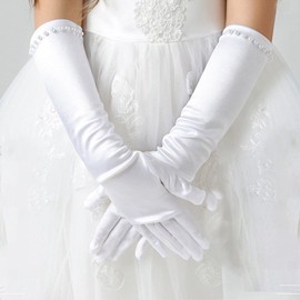 PURFUN Kids Girl Pincess Pearl Long Satin Gloves First Holy Communion Evening Prom Birthday Party Wedding Gloves for 6-10yrs White, Christmas Gift