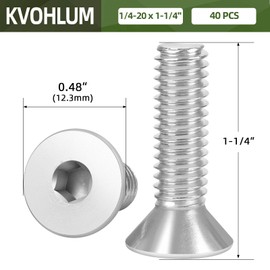 40 PCS 1/4"-20 x 1-1/4" Flat Head Socket Cap Screws Bolts, Countersunk Allen Bolts, Stainless Steel 304, Full Thread, Bright Finish, Screwdriver Included