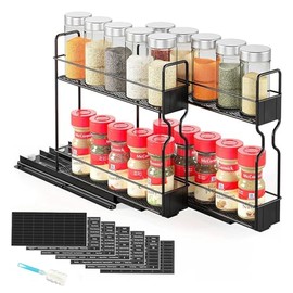 2-Tier Extendable Spice Holder for Cabinet, Double Row Spice Rack Organiser with Stickers, Space Saving Drawer for Kitchen Spice Tins - Black, 26.7 x 13.2 x 25.6 cm