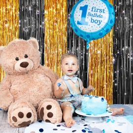 2Pack Black Gold Metallic Tinsel Foil Fringe Curtains, Door Streamers Photo Booth Backdrop for Birthday Party, Tinsel Curtain Backdrop for Wedding Baby Shower Bachelorette Christmas Party Decorations