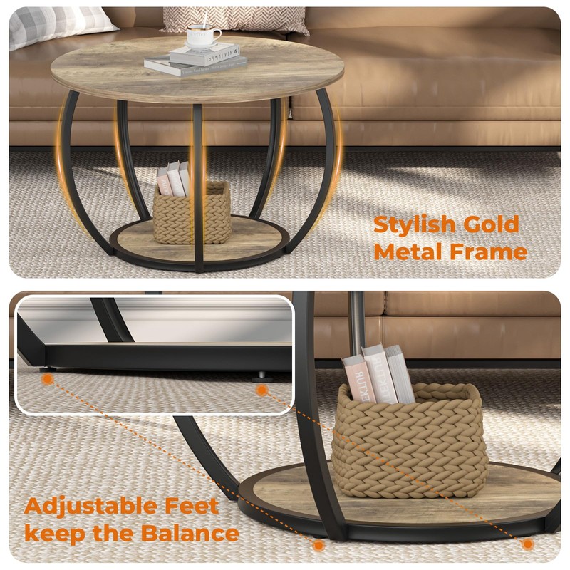 GreenForest Round Coffee Table with 2-Tier Open Storage, 27.6 inch
