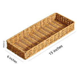 Berdeng Kitchen Drawer Organizer for Utensils, Silverware Tray Cutlery Organizer, PE Rattan Handwoven Storage Basket with Iron Frame, 2-Inch Fit for Shallow Drawers, 15" x 6" x 2" (Set of 3)