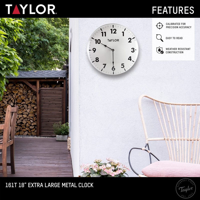 Taylor Indoor Outdoor Metal Wall Clock, Wireless Thermometer with Easy