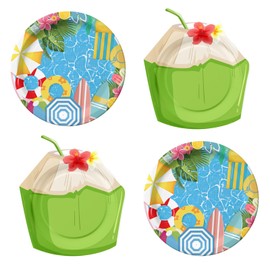 48 Pcs Pool Party Paper Plates, 7 Inch Coconut Shaped Dessert Plates & Pool Theme Plates, Summer Tropical Party Supplies for Beach, Luau, Hawaiian Party, Birthday