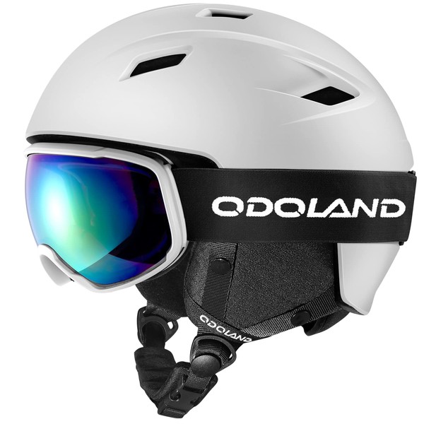 Odoland Ski Helmet Set with Goggles, Snowboard Helmet, Dial-type Size Adjustment, Glasses Compatible, Double Spherical Lens, Windproof, Anti-Fog, Shockproof, UV Protection, For Adults, Unisex, Kids, Juniors, White, Medium
