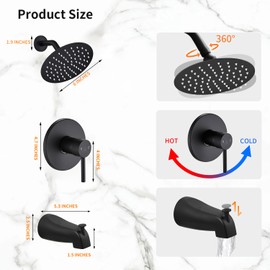 Black Tub Shower Faucet Set Complete with 6-Inch Rainfall Shower Head and Tub Spout Included Shower Valve Tub Shower Trim Kit Round Matte Black
