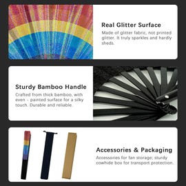 Raveahem Large Rave Fan, Clack Folding Hand Fan with Premium Fabric, Thick Bamboo Frame for Men Women Gift for EDM, Festival, Club, Party, Dance, Decoration (Lridescent Rainbow, 13")