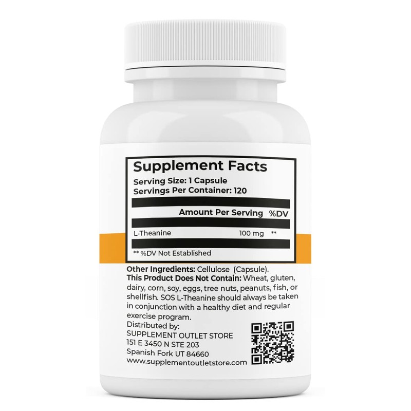 SOS L-Theanine, Brain Support Focus Supplement, 100mg, 120 Count