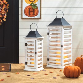 Glitzhome Farmhouse Wood Metal Candle Lanterns Tall Vintage Decorative Candle Holders Set of 2 Shutter Style Distressed Floor Lanterns Rustic Outdoor Lantern for Wedding Garden, Wash White, No Glass
