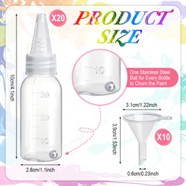 Singhoow 20 Pcs Airbrush Paint Bottles Jars 1oz/30ml Plastic Paint Containers of Acrylic Storage with Mixing Ball and 10 Pcs Funnel Bottle Mixer Resealable Squeeze Bottles for Storing Arts Liquids