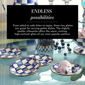 MACKENZIE-CHILDS Enamel Appetizer Plates, Mini Dessert Plates and Tapas Plates, 5 Inches, Set of 4, Blue-and-White Royal Check