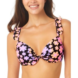 Salt + Cove Women's Juniors' Underwire Push-Up Bikini Top (Black Multi, Small)