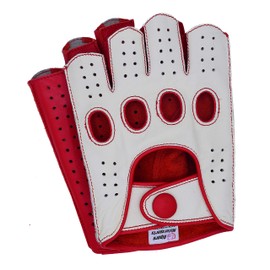 Riparo Mens Leather Reverse Stitched Fingerless Half-Finger Driving Motorcycle Gloves (Large, White/Red)