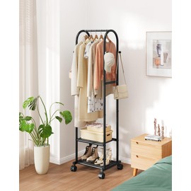 Sakugi Heavy Duty Premium Clothes Rack with 2-Tier Mesh Shoe Shelves & 4 Hooks, Lockable Wheels, Space-Saving, Multi-Functional for Bedroom, Entryway, Closet, Modern Design, 18.4" x 12.6" x 72", Black