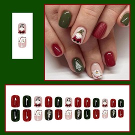 24 Pcs Christmas Press on Nails Short Square - MINGCHUN Fake Nails with Christmas Tree Santa Claus Snowman Design French Christmas Nails Full Cover Stick on Nails Glue on Nails for Women Nail Art DlY