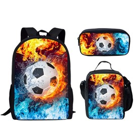 Biyejit Red Blue Fire Soccer Print Kids Backpacks for Teens Girls Bookbag Set with Lunch Box and Pencil Case, 3 in 1 Back to School Supplies, Football Printed