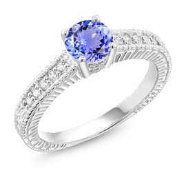 Gem Stone King 925 Sterling Silver Blue Tanzanite and White Created Sapphire Women's Engagement Ring (1.05 Ct Round) (Size 9)