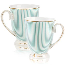 Dicunoy 2 Pack Bone China Mugs, 11oz Fine China Coffee Tea Cups with Gold Trim, Thin Vintage Cup with Pedestal for Valentine's Day, Mother's Day, Birthday, Anniversary, Christmas Gift