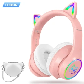 LOBKIN Kids' Headphones Cat Ears Design Foldable Over-Ear for V5.4 RGB Lights Safe Hearing for School Online Classes Musiccolor: Hot Pink, model number: S16