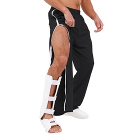 Tearway Mens Post Surgery Pants, 2 Side Zippers Leg Full Open Basketball Tear Way Pants Recovery Breakaway Zip Up Fracture Rehab Athletic Sweatpants Bedridden Patient Clothing with Pockets Black