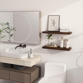 Heimlove Wood Floating Shelves 24 inch,8 Inch Deep Solid Pine Wood Wall Shelf for Bathroom,Natural Wood Floating Shelf for Bedroom,Kitchen,Living Room,24" W x 8" D-Set of 2-Walnut Color