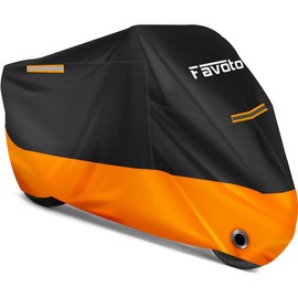 Favoto - Funda universal para motocicleta, resistente tela Oxford con agujero de bloqueo, 3 reflectores nocturnos, hebilla resistente al viento, bolsa de transporte, impermeable, lluvia, polvo, protección solar, para exteriores, color negro y naranja, 26