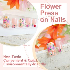 Long Square False Nails - Fake Nail with Flower Nails Tip with Glue - Acrylic Full Cover Stick on Nails - Nude Pink Press on Nails for Women Girls Valentines Days Nails Art Accessories (Pink Flower)