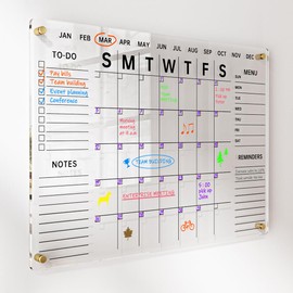Acrylic Wall Calendar with Dry Erase Surface | 28x20" Clear Monthly Planning Board | includes 8 Color Markers, Eraser, Multi-Color Standoff Screws, and Installation Kit | Perfect for Home & Office