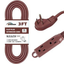 HONDERSON 3-Outlets Flat Plug Indoor Extension Cord Outlet Extender, UL Listed, 16 Gauge 3FT Brown 3 Prong Heavy Duty, 16/3 SJTW 13A Power Strip