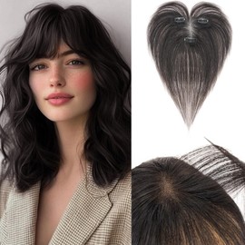 Benehair Real Hair Topper for Women, 100% Real Hair Clip-In Topper, 11 Inch Real Hair Toppers with Bange, Human Hair Top Hat T Lace Base, Natural Black Toppers for with Thin #1B