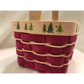 Wooden Christmas Miniature Red Wooden Basket Hand Painted Trees Holiday Gift NEW