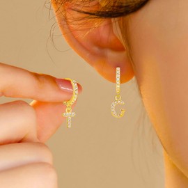 Dainty 14K Gold Huggie Hoop Initial Dangle Earrings for Women Trendy Cute S925 Sterling Silver Post Cubic Zirconia Rhinestones Small Letter Name Hypoallergenic Jewelry Gift