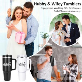 Wifey & Hubby Tumblers Set for Couples, Bride & Groom Stainless Steel Insulated Tumbler with Straw & Handle, 40 oz Travel Mug Tumbler for Engagement Wedding Gifts, Cups for Bridal Shower Anniversary