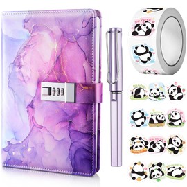 UNIANE Diary with Lock for Girls, A5 Diary with Code, Notebook with Lock with Pen and Funny Sticker Set, PU Leather Notebook, Secret Marble Notebooks for Birthday Gift (22 x 15 cm)