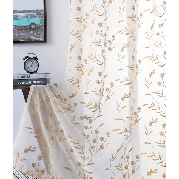 Sheer Curtains Floral Embroidery Beige 84 Inch Long Rod Pocket Lace Drapes for Living room, Bedroom, 2 Panels, 52"x84", Semi Voile Pattern Outdoor Window Treatment Sets for Yard, Patio, Villa, Parlor.