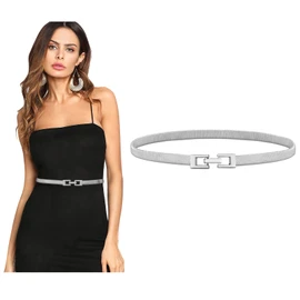 LEACOOLKEY Women Metal Skinny Belt for Dress Gold Elastic Thin Waist Belt Stretch Dress Belt, D-silver, Suit for Waist Size 25"-28"