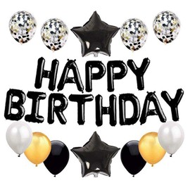 16 inch Happy Birthday Balloons Decorations Set- 13 pcs Letter Balloons Banner,2 pcs Giant Star Foil Balloons,4 pcs Confetti Balloons,6 pcs Latex Balloons (Black Gold)