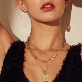 MJartoria Layered Necklaces for Women Trendy, 14K Gold Plated Simple Star Choker Square Flower Pendant Necklace, Paperclip Chain Necklace, Gold Necklaces Jewelry Gifts (Gold, ZZ-Gemini)