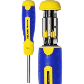 RATCHETING SCREWDRIVER - 13-in-1 Multi Bit Screw Driver w/ " Hex Shaft for Phillips, Star, Flat, Square Bit - Retractable Cartridge - Multi Screwdriver (Yellow)