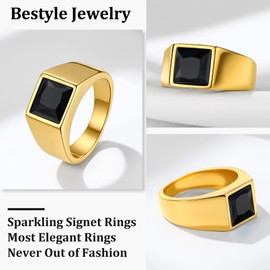 Bestyle Thick Men Gold Ring-8mm*8mm Black Onyx Gemstone Ring-Chunky Cool 18K Gold Plated Men Signet Ring Stacking Thick Band Ring- Retro Biker Every Day Casual Ring, Size 8