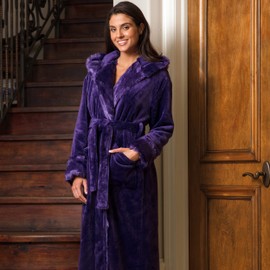 Alexander Del Rossa Women's Faux Fur Feather Hooded Robe, Soft Plush Fleece Bathrobe with Hood Purple Large (A0296PURLG)