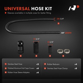 A-Premium 44" Universal Flexible Radiator Hose - Stainless Steel Water Hoses Adapter Coolant Hose Kit - with 4Pcs Polished Aluminum Caps (8 Clamps) Black