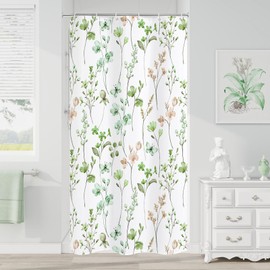 Litabel Small Stall Shower Curtain 36 x 72, Narrow Half Watercolor Floral Fabric Shower Curtain for Bathroom, Sage Green Butterfly Flower Waterproof Shower Curtain Set