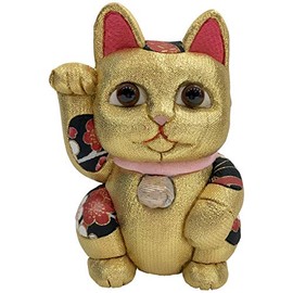 Maneki Neko Large Feng Shui Gold Traditional Craftsman Toko Kakinuma Wood Grain Doll Made in Japan